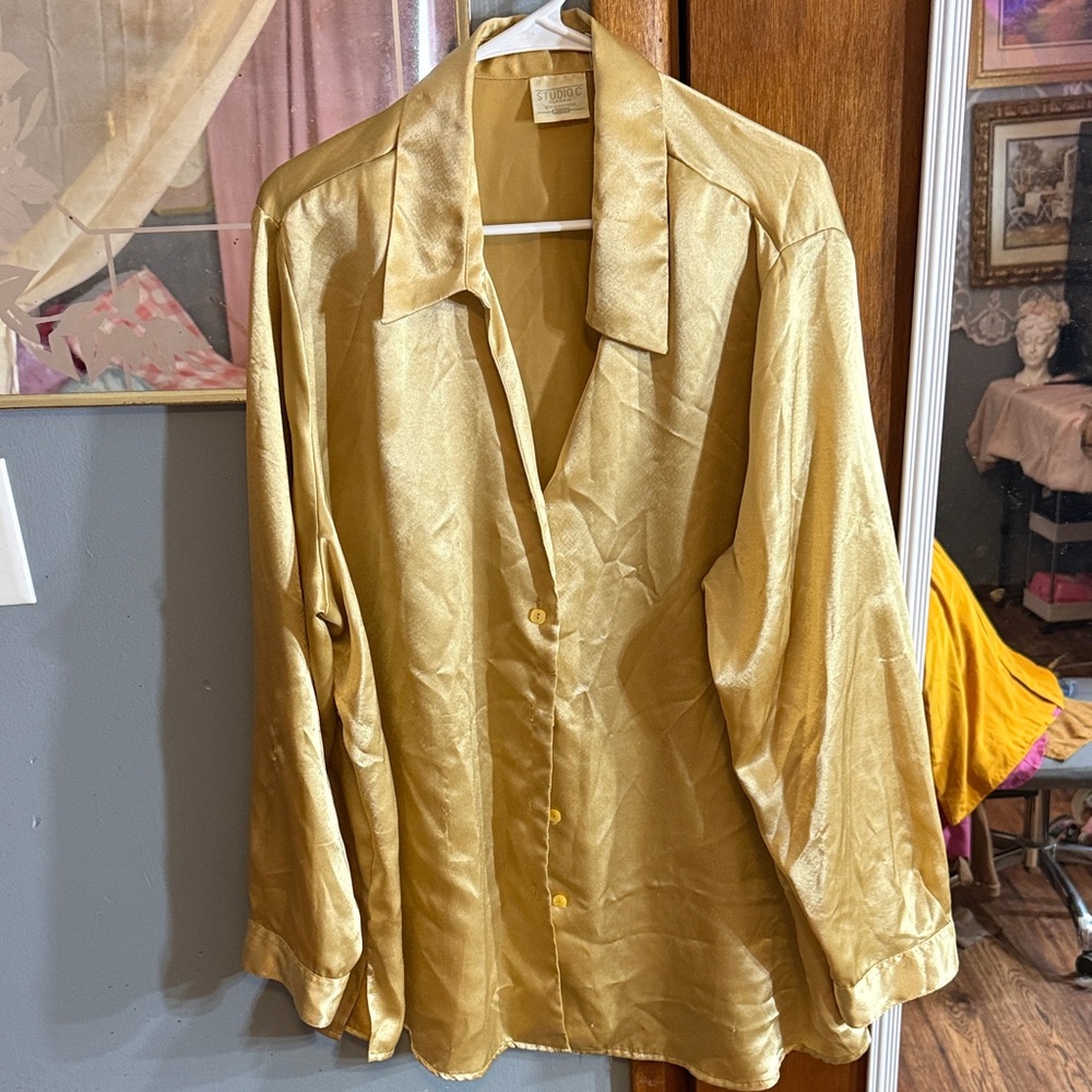 Studio C Gold Satin Button-Down Shirt